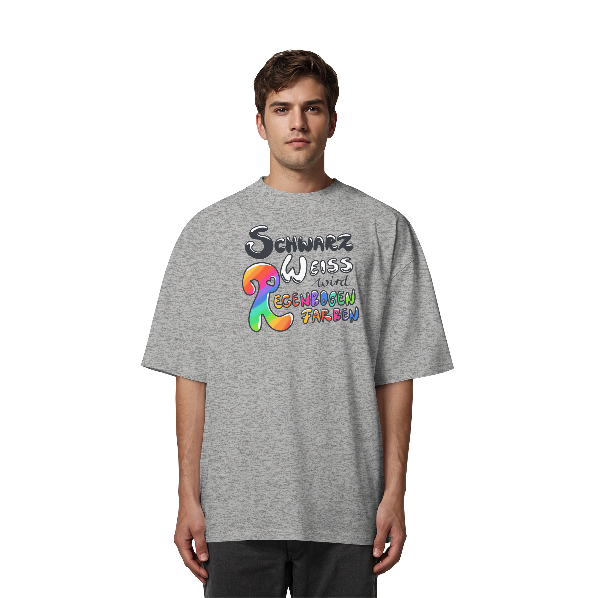 Schwarz Weiß wird Regenbogen Farben Frontprint (hell) - Organic Oversize Shirt