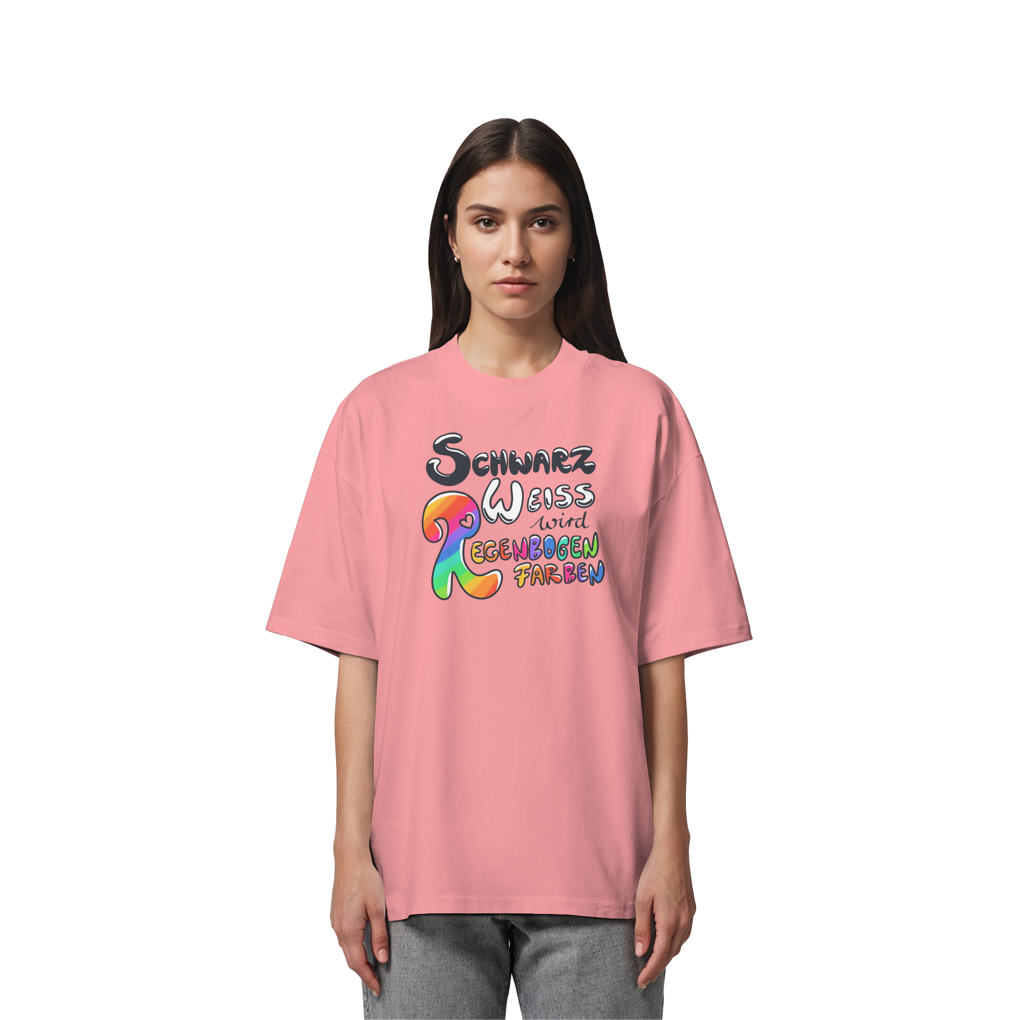 Schwarz Weiß wird Regenbogen Farben Frontprint (hell) - Organic Oversize Shirt