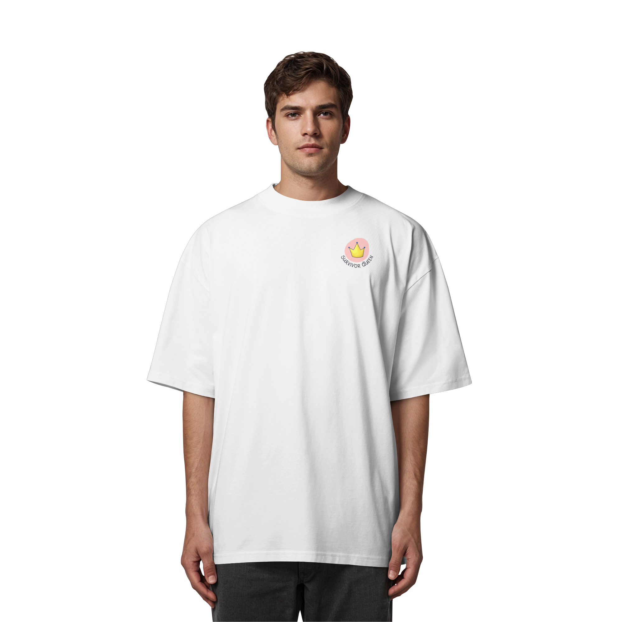 Survivor Queens Logo "Schriftzug Edition" mit Seelenmännchen "Selbstverteidigung Edition" Backprint (hell) - Organic Oversize Shirt