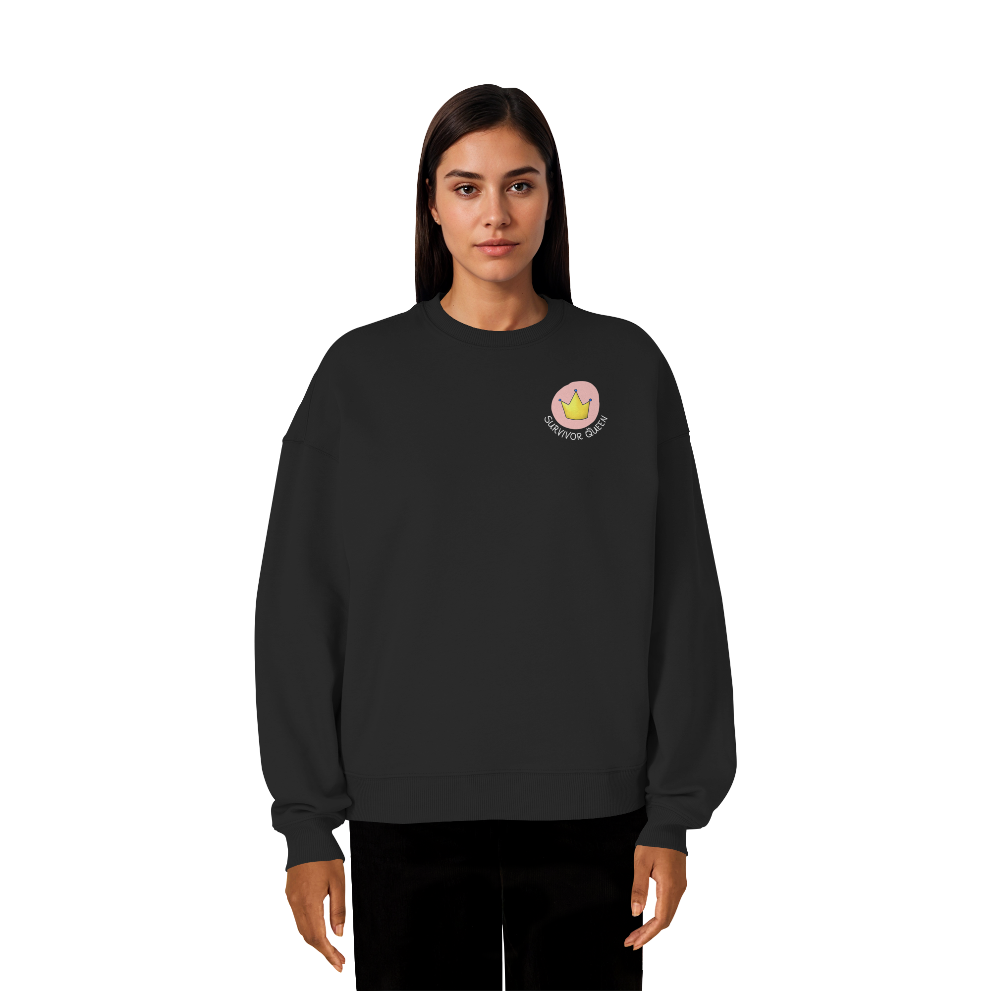 Survivor Queens Logo mit "Mein Körper gehört mir" Backprint (dunkel) - Organic Oversize Sweatshirt