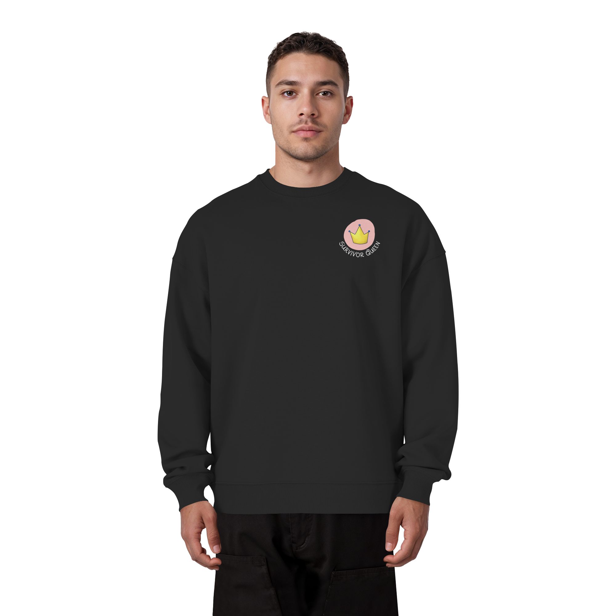 Survivor Queens Logo mit "Mein Körper gehört mir" Backprint (dunkel) - Organic Oversize Sweatshirt