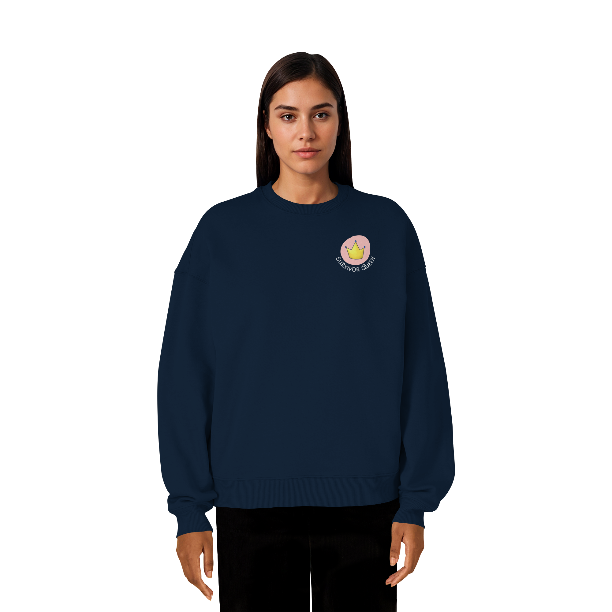 Survivor Queens Logo mit "Mein Körper gehört mir" Backprint (dunkel) - Organic Oversize Sweatshirt