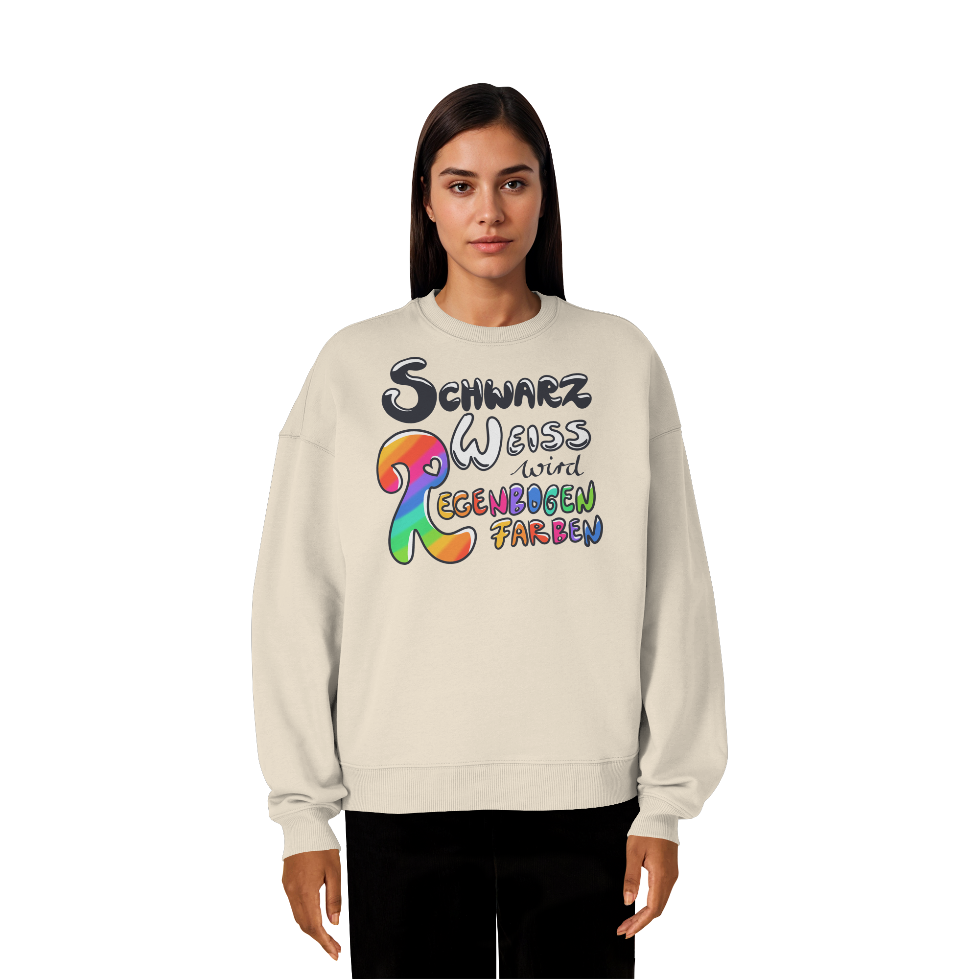 Schwarz Weiß wird Regenbogen Farben Frontprint (hell) - Organic Oversize Sweatshirt
