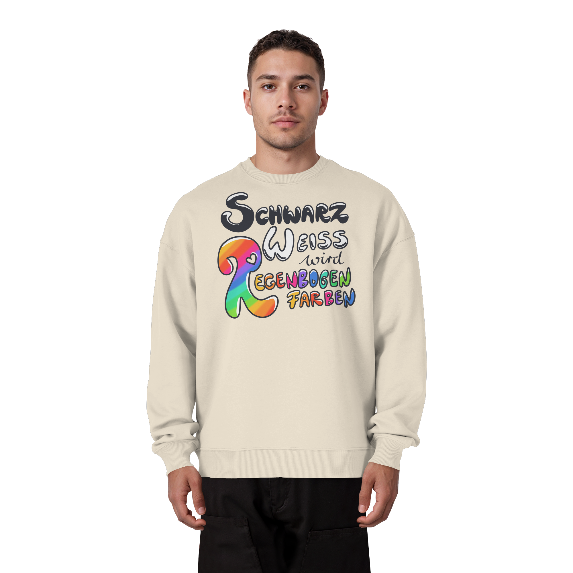 Schwarz Weiß wird Regenbogen Farben Frontprint (hell) - Organic Oversize Sweatshirt