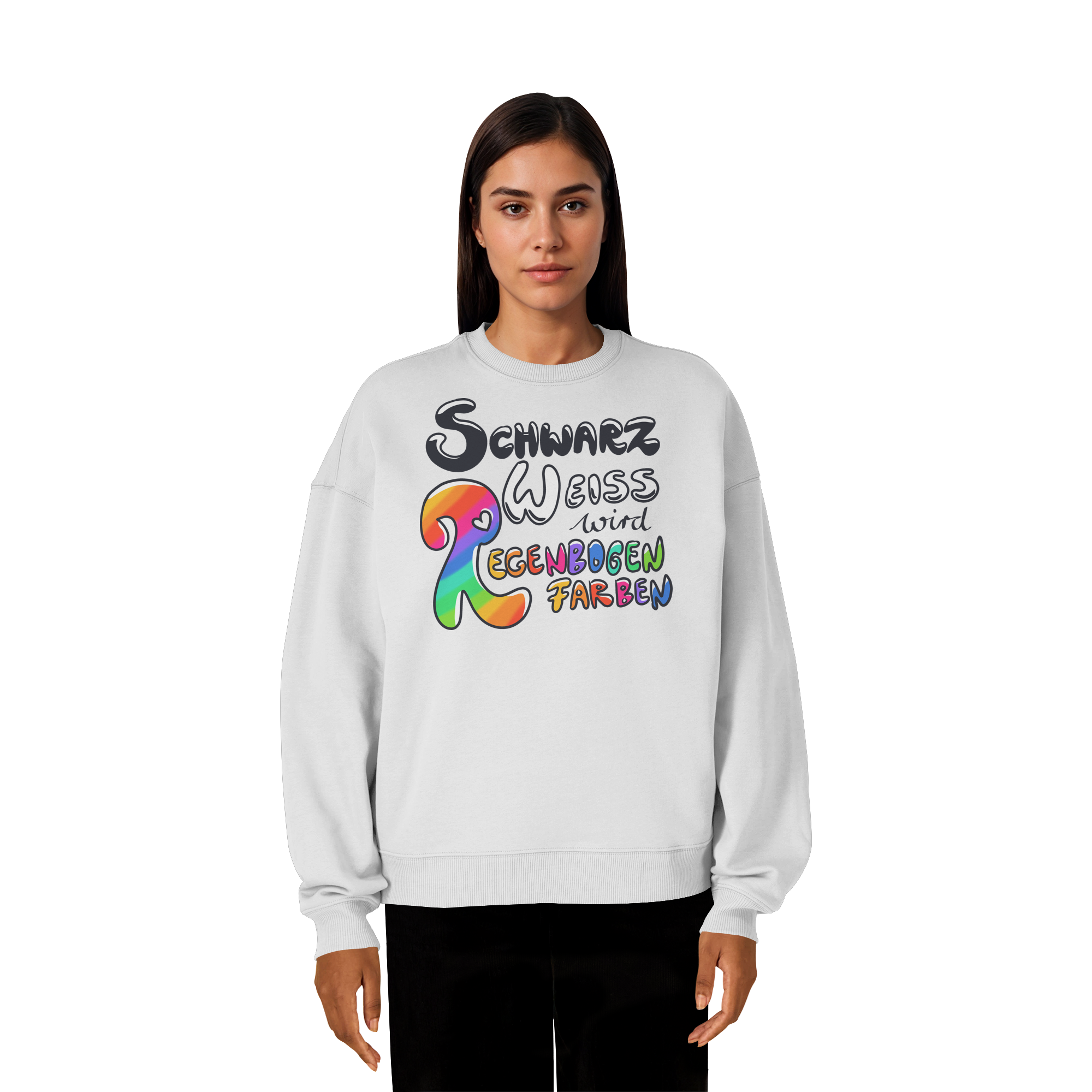 Schwarz Weiß wird Regenbogen Farben Frontprint (hell) - Organic Oversize Sweatshirt