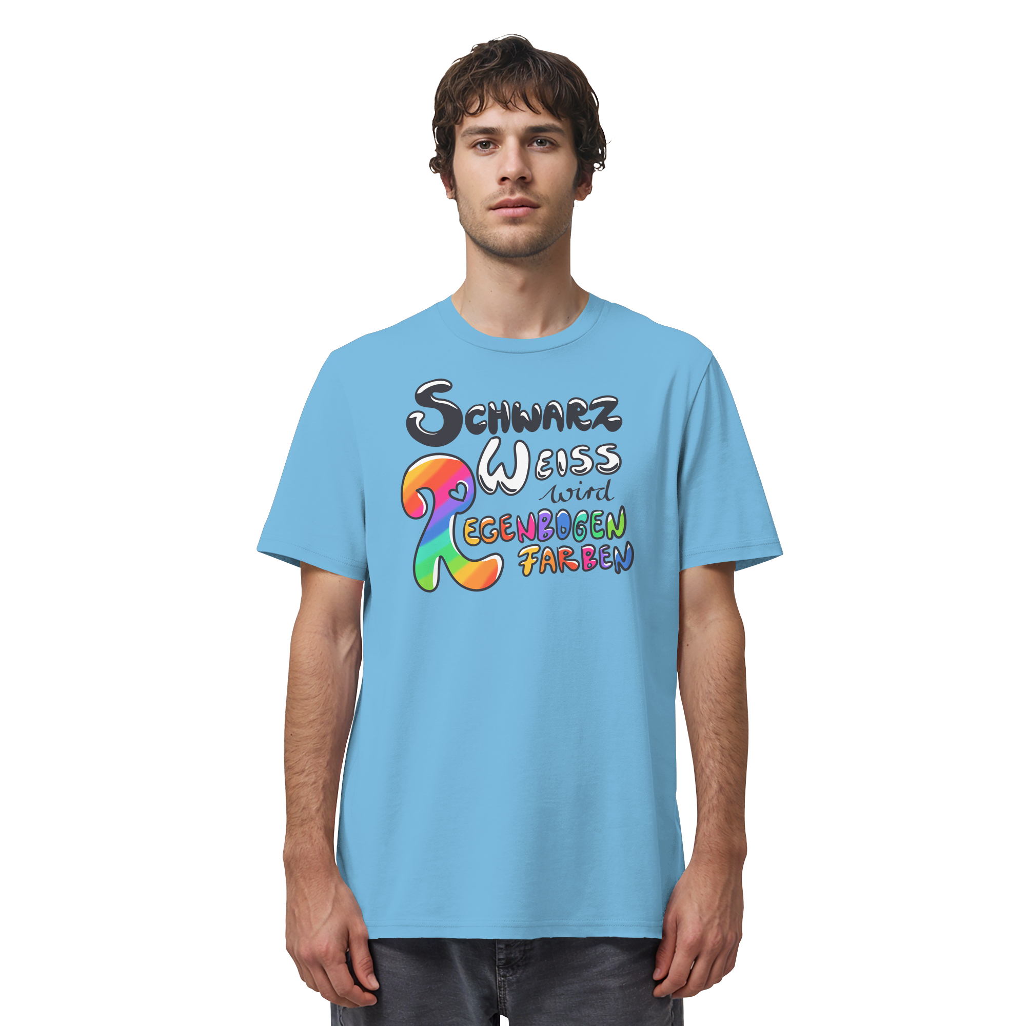 Schwarz Weiß wird Regenbogen Farben Frontprint (hell) - Organic Shirt