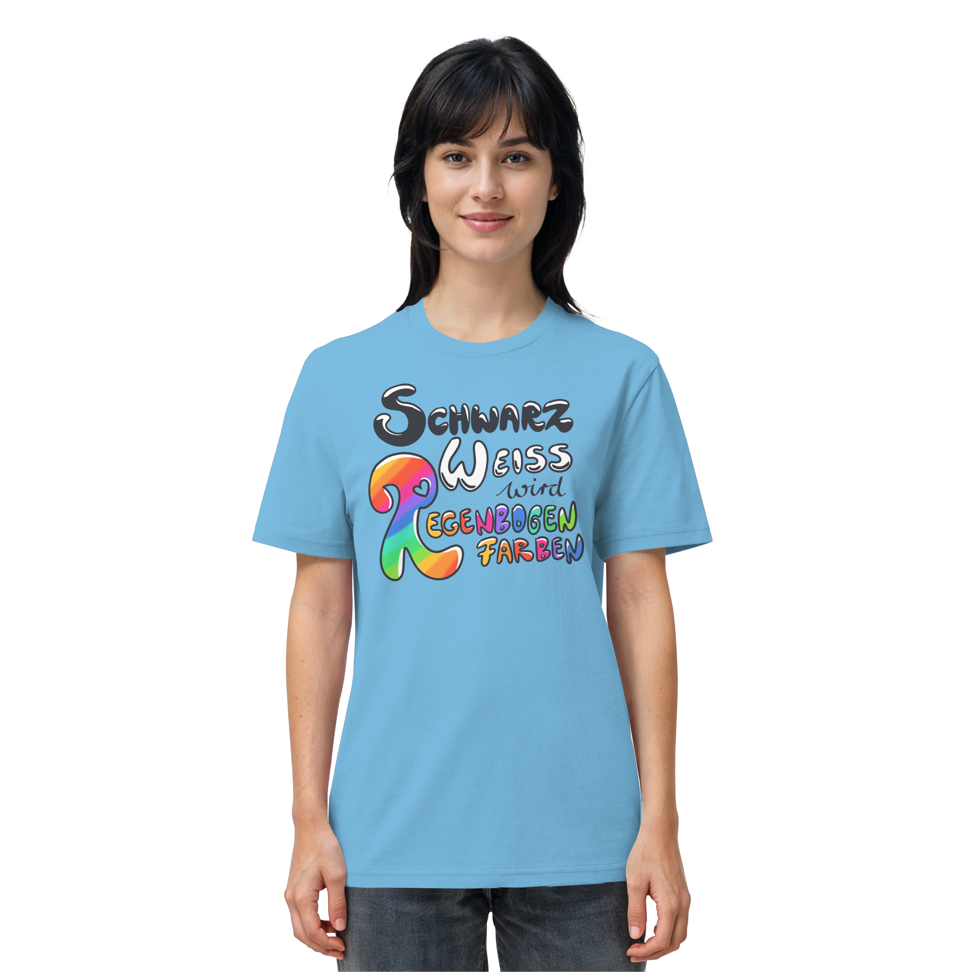 Schwarz Weiß wird Regenbogen Farben Frontprint (hell) - Organic Shirt