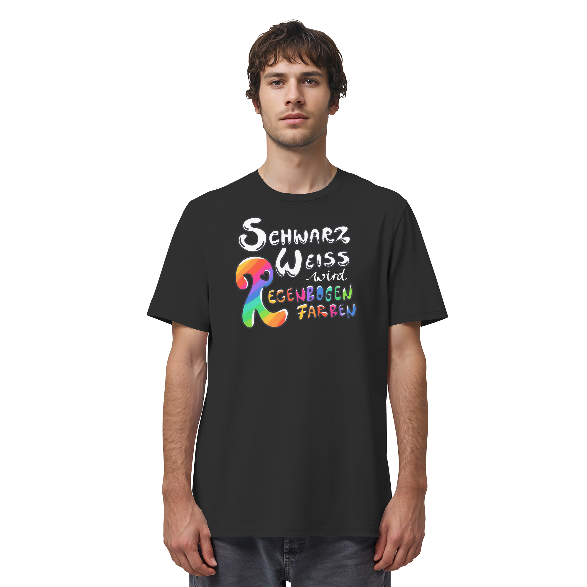 Schwarz Weiß wird Regenbogen Farben Frontprint (dunkel) - Organic Shirt