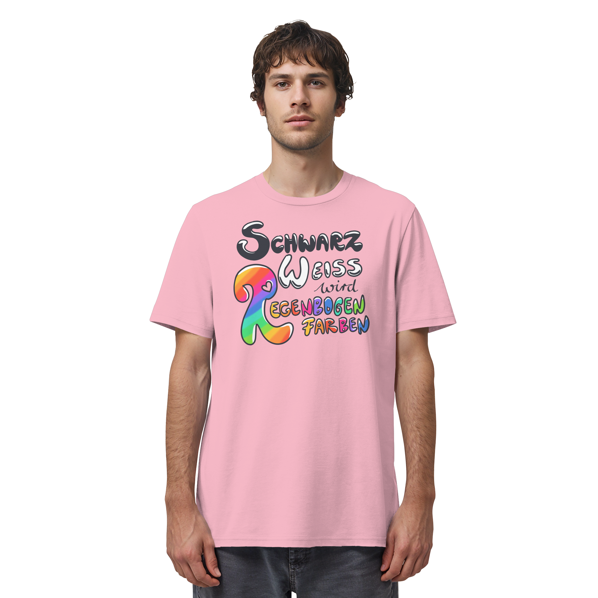 Schwarz Weiß wird Regenbogen Farben Frontprint (hell) - Organic Shirt