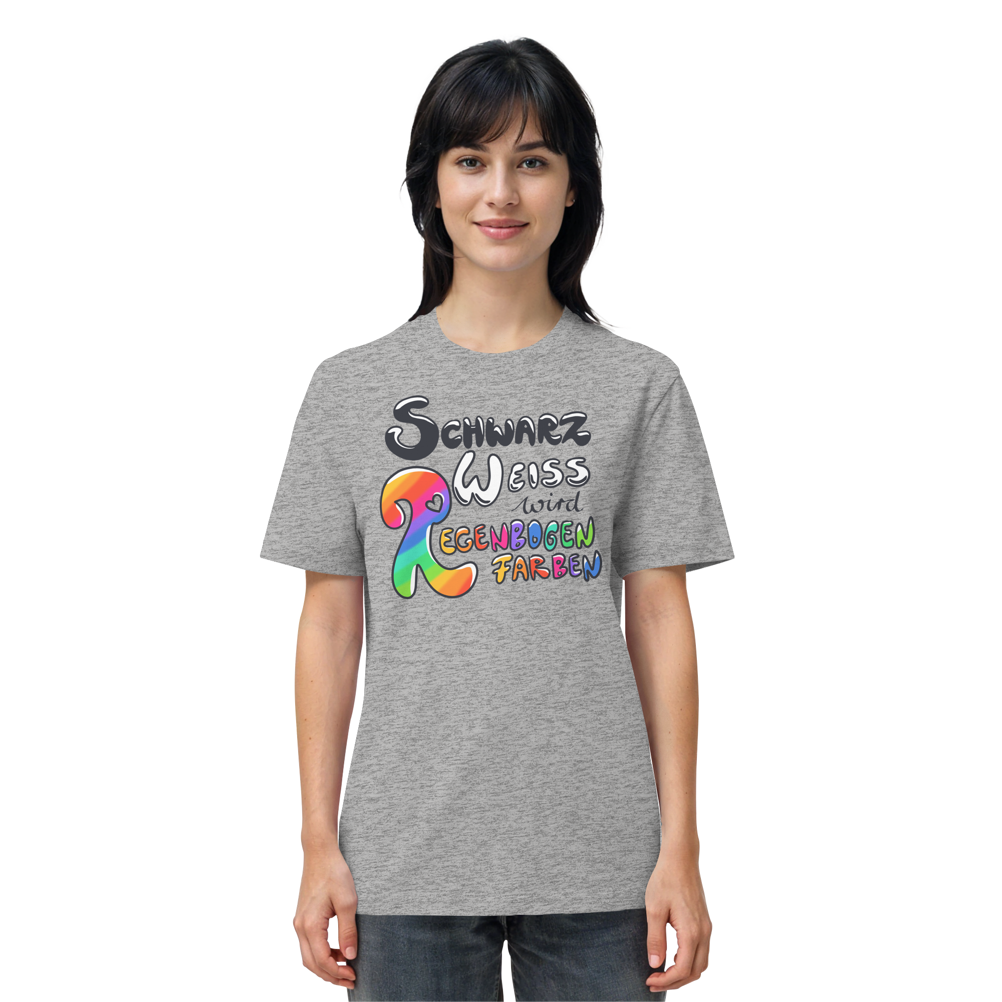 Schwarz Weiß wird Regenbogen Farben Frontprint (hell) - Organic Shirt