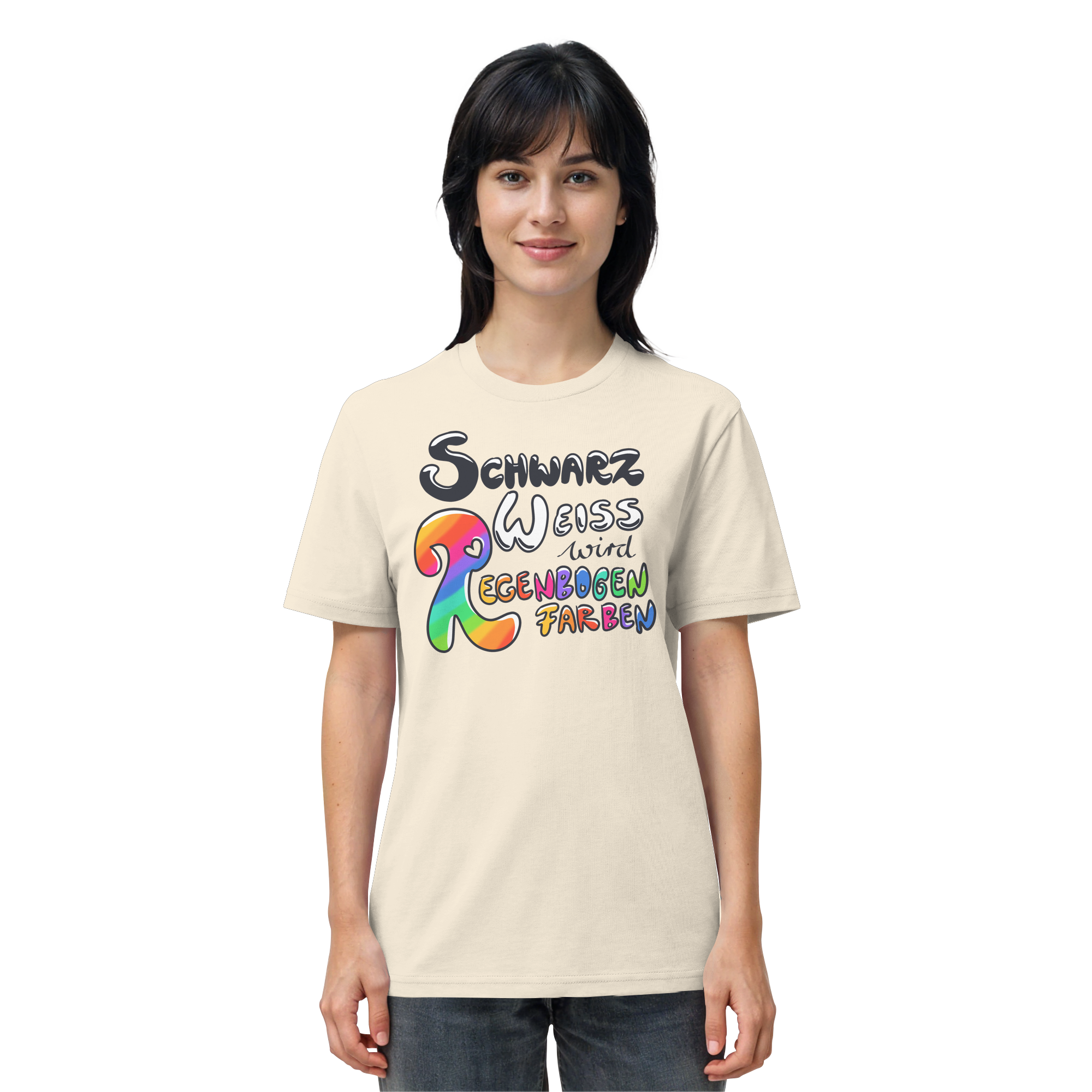 Schwarz Weiß wird Regenbogen Farben Frontprint (hell) - Organic Shirt