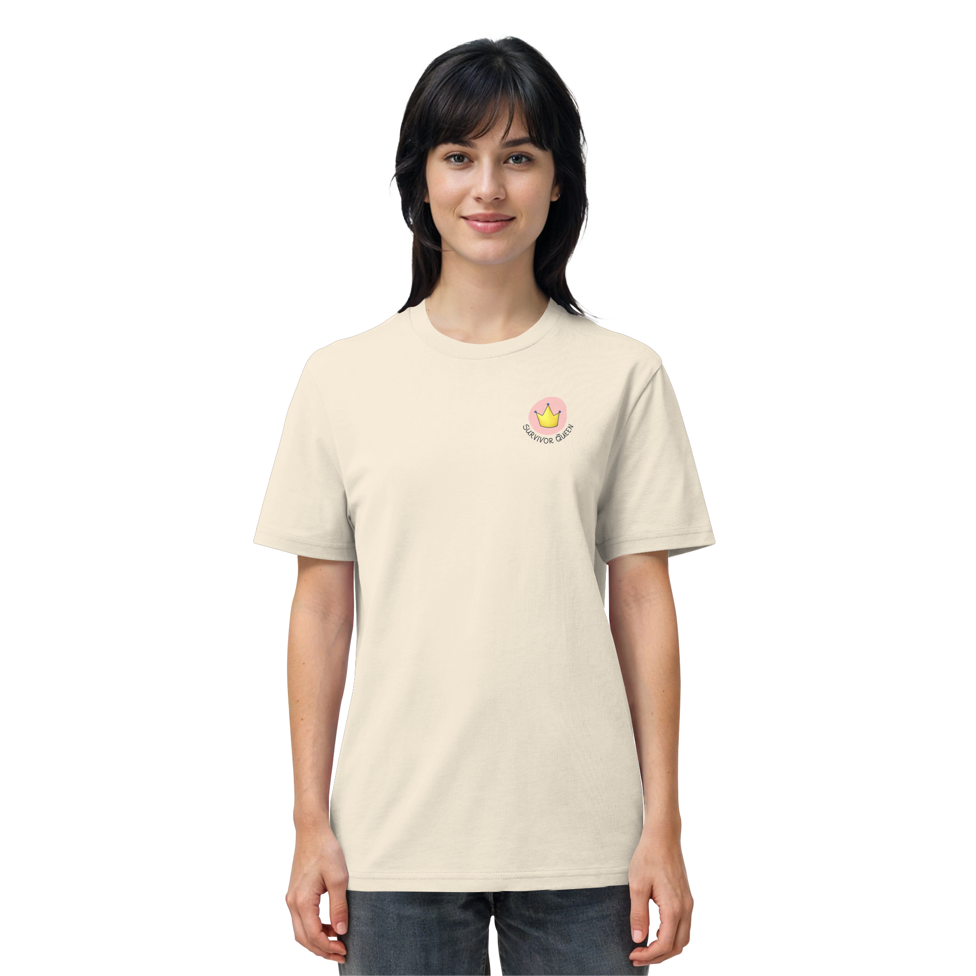 Survivor Queens Logo "Schriftzug Edition" mit Seelenmännchen "Selbstverteidigung Edition" Backprint (hell) - Organic Shirt