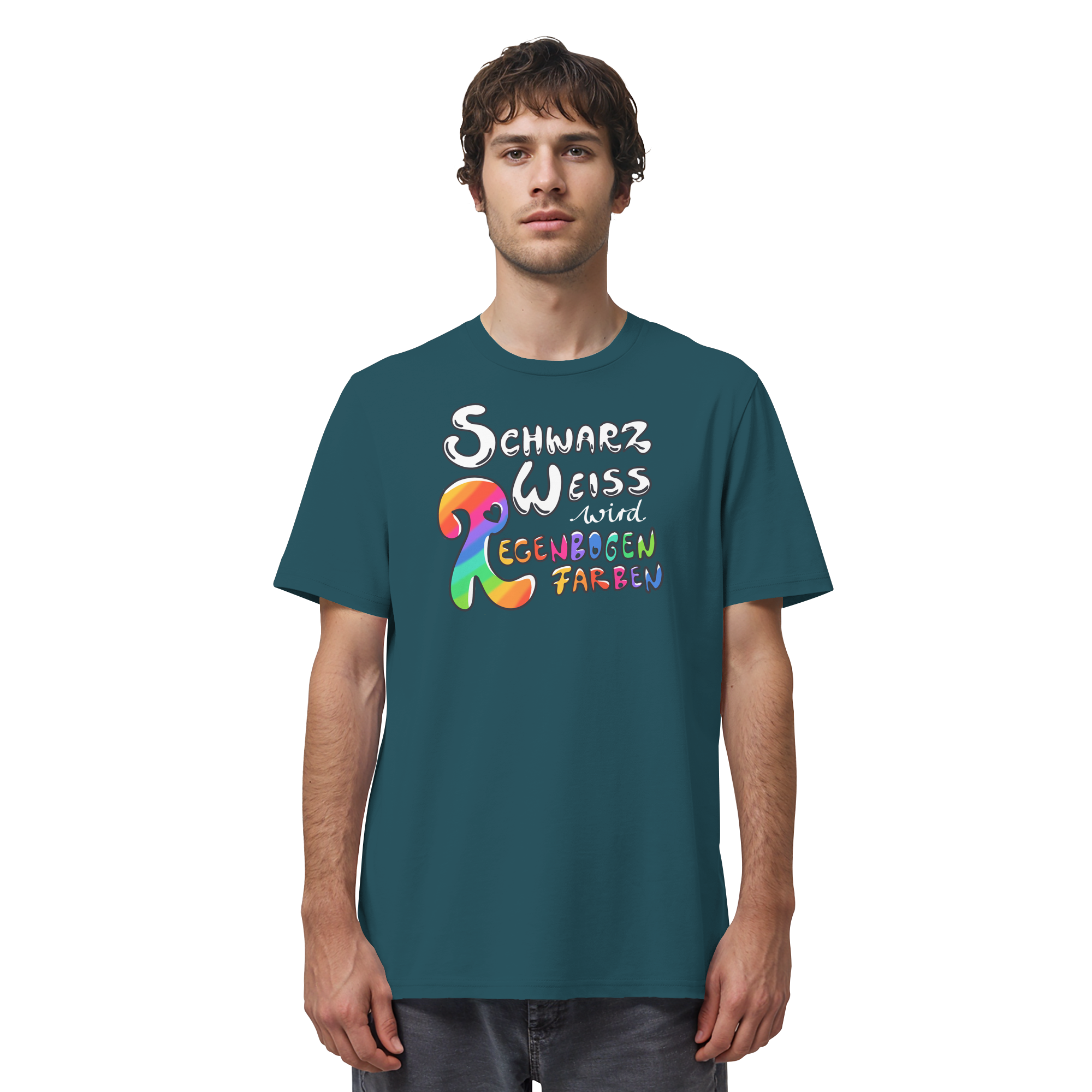 Schwarz Weiß wird Regenbogen Farben Frontprint (dunkel) - Organic Shirt