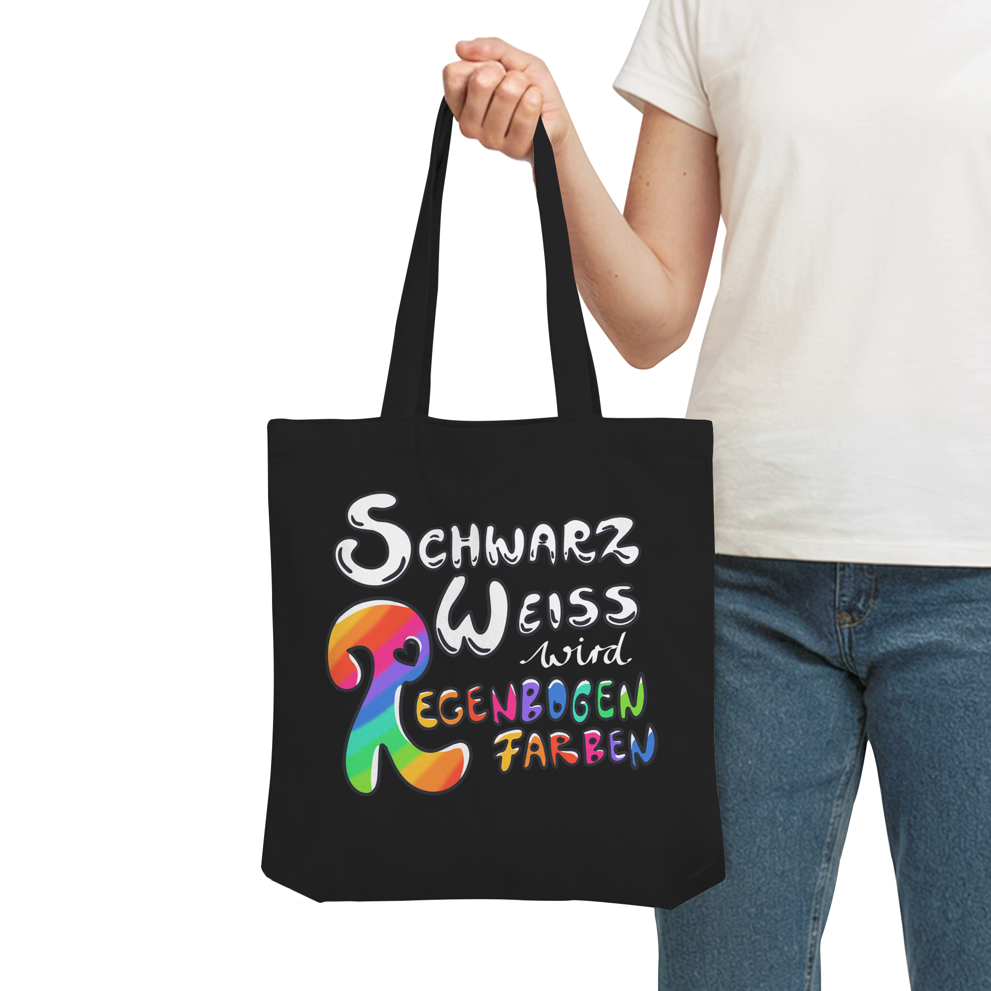 Schwarz Weiß wird Regenbogen Farben Backprint (dunkel) - Organic Tote-Bag