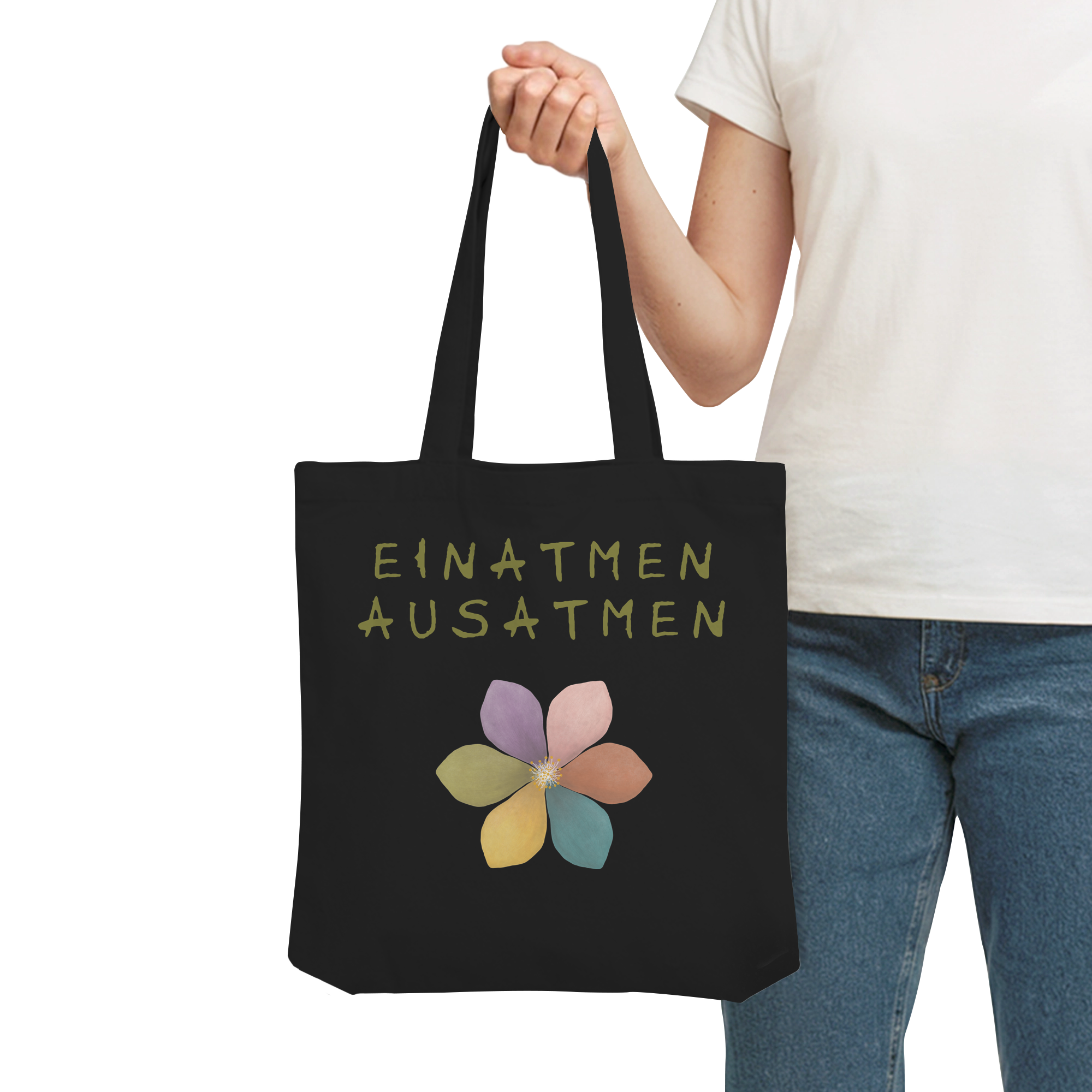Einatmen Ausatmen "Achtsamkeitsblüte Edition" Backprint - Organic Tote-Bag