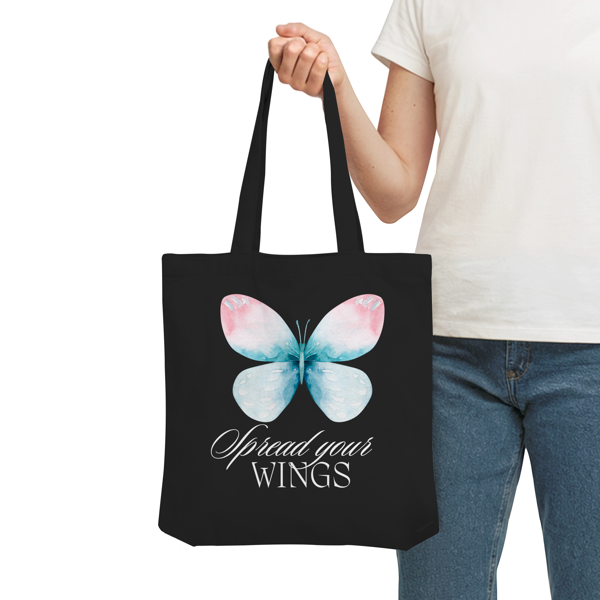 Spread your Wings (weiße Schrift) Backprint - Organic Tote-Bag