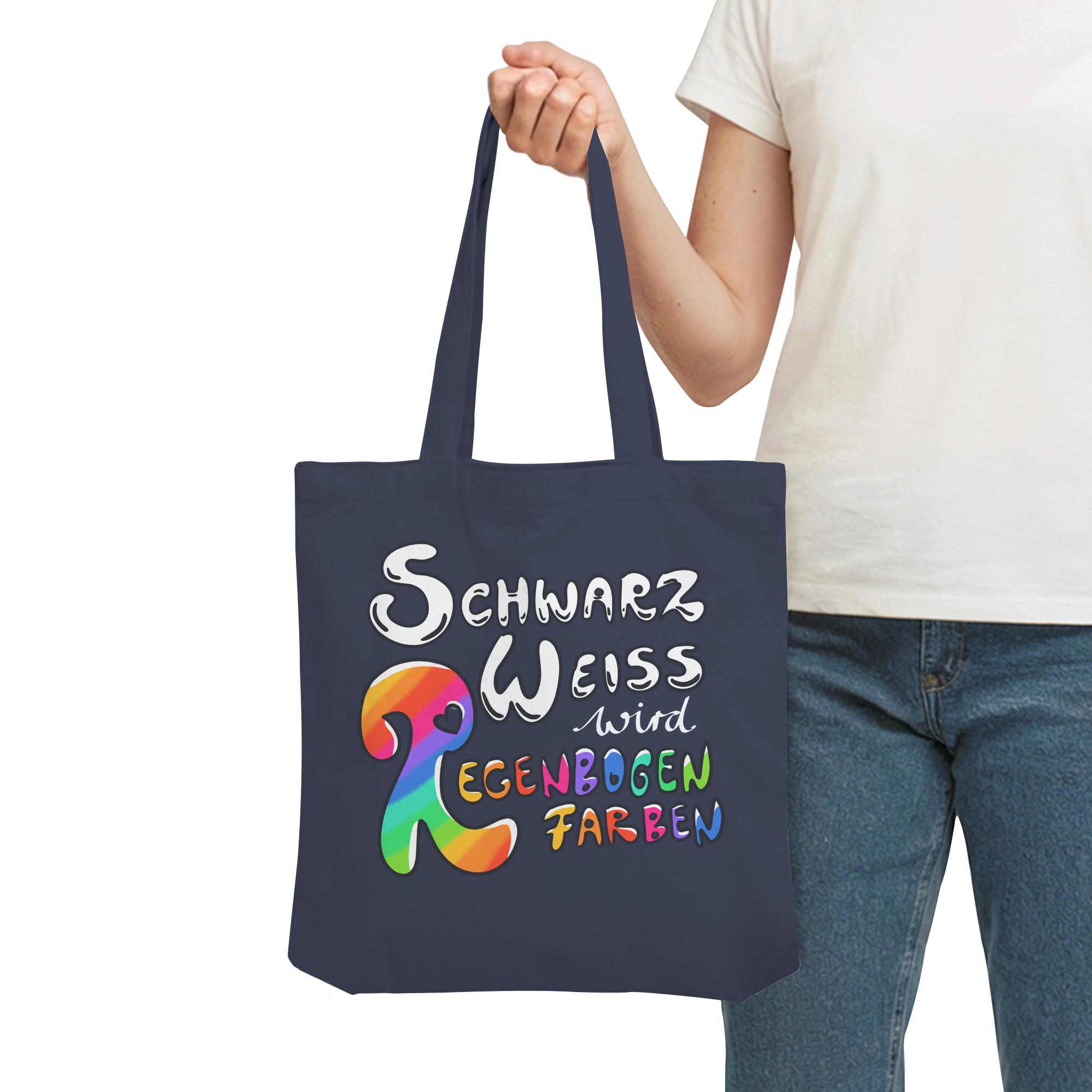 Schwarz Weiß wird Regenbogen Farben Backprint (dunkel) - Organic Tote-Bag