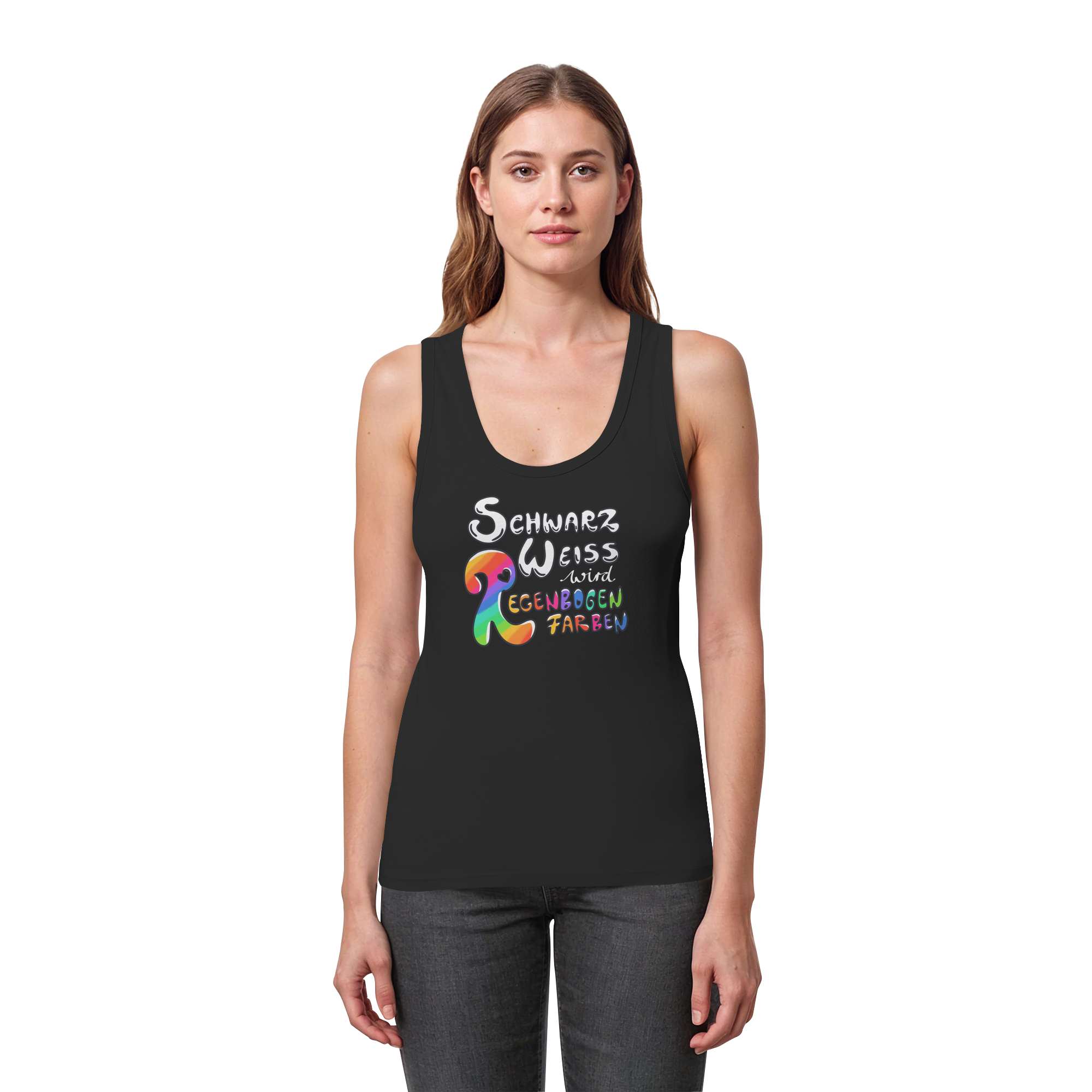 Schwarz Weiß wird Regenbogen Farben Frontprint (dunkel) - Womens Organic Fitted Tank Top
