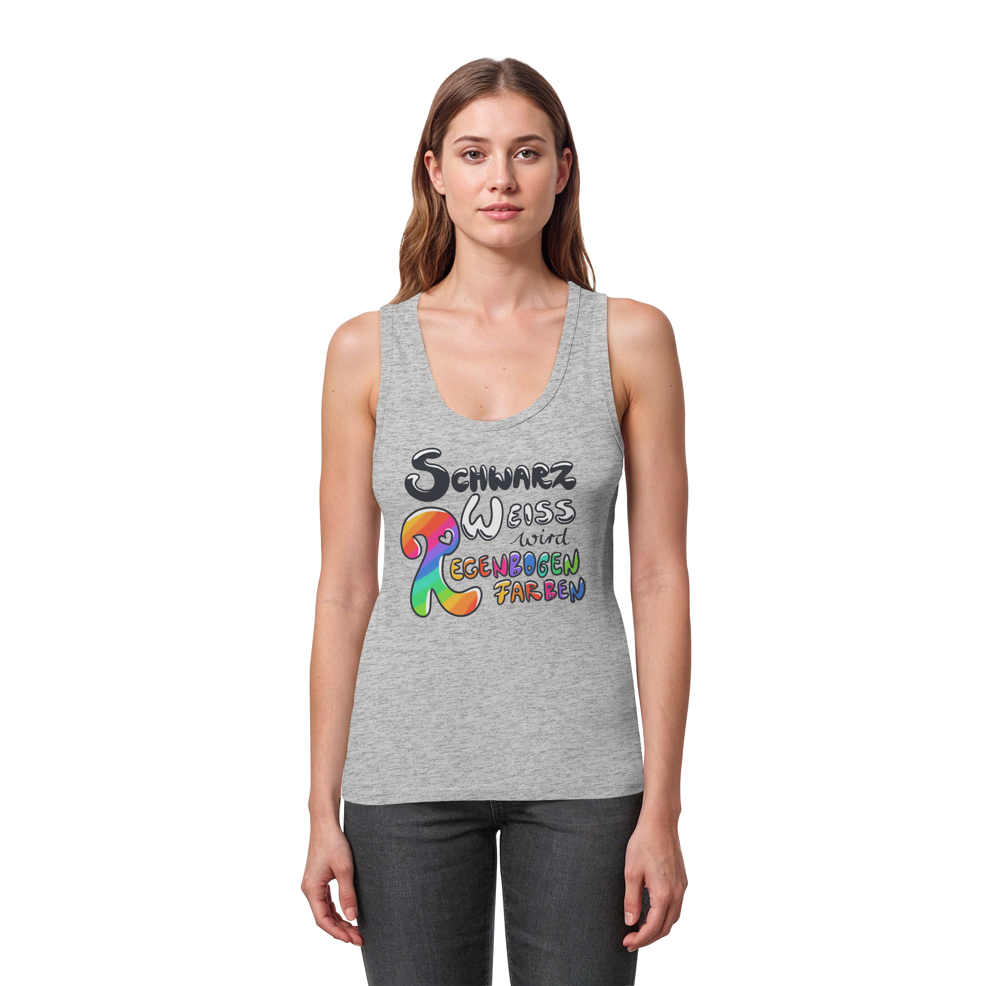 Schwarz Weiß wird Regenbogen Farben Frontprint (hell) - Womens Organic Fitted Tank Top