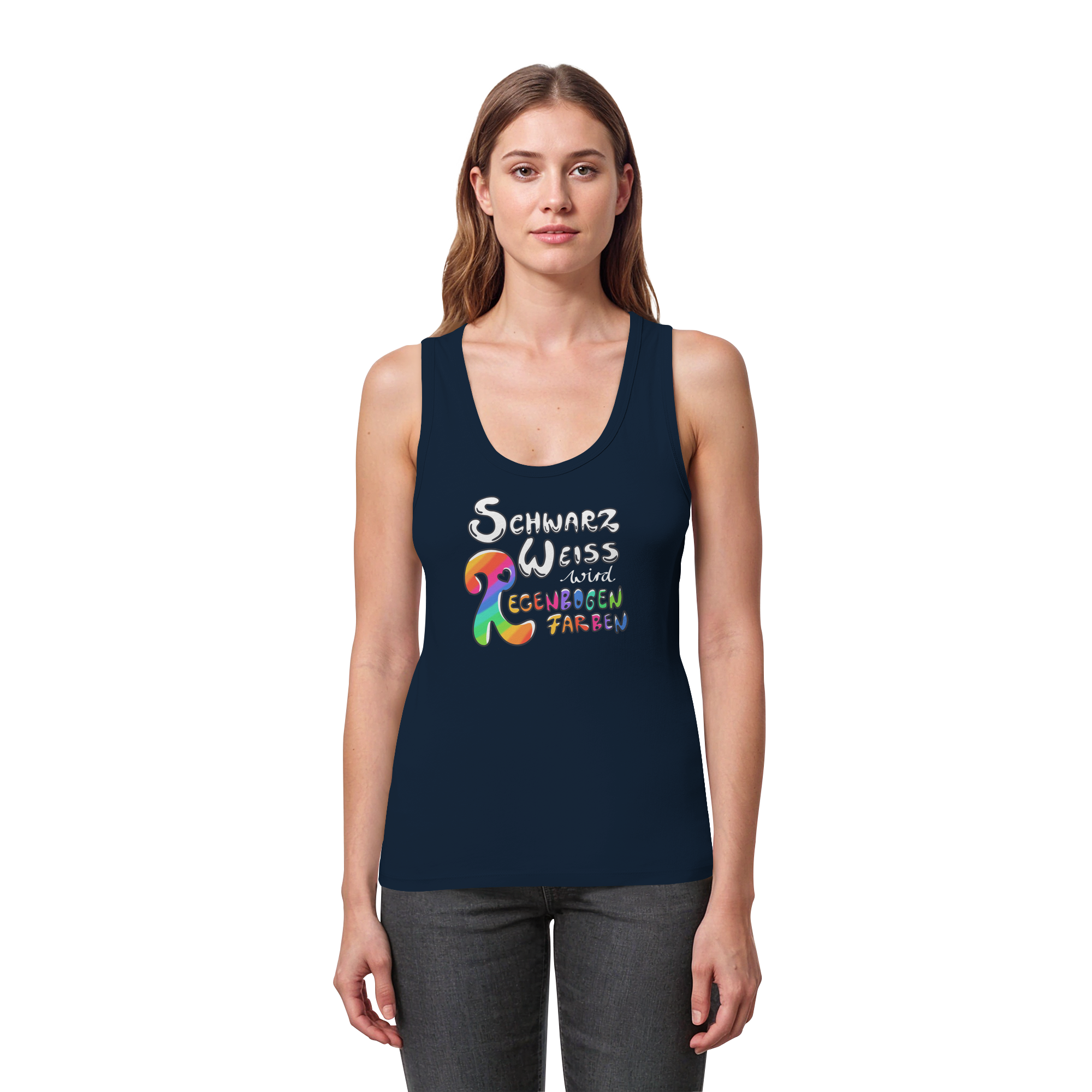 Schwarz Weiß wird Regenbogen Farben Frontprint (dunkel) - Womens Organic Fitted Tank Top