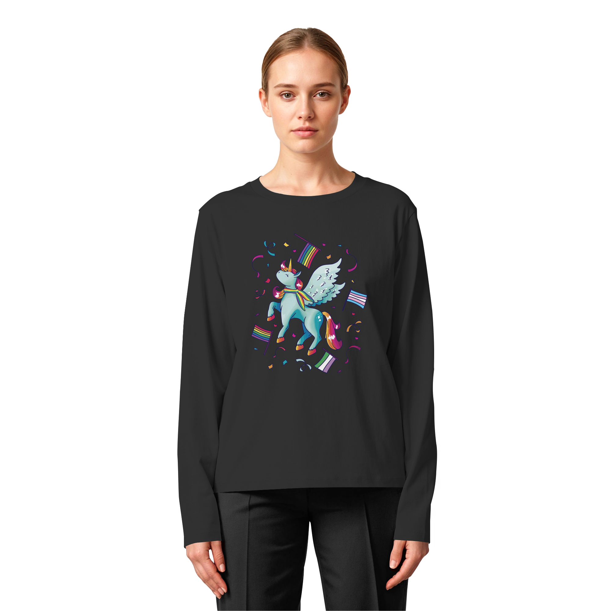 Regenbogen Einhorn mit Flaggen - Womens Organic Longsleeve T-Shirt
