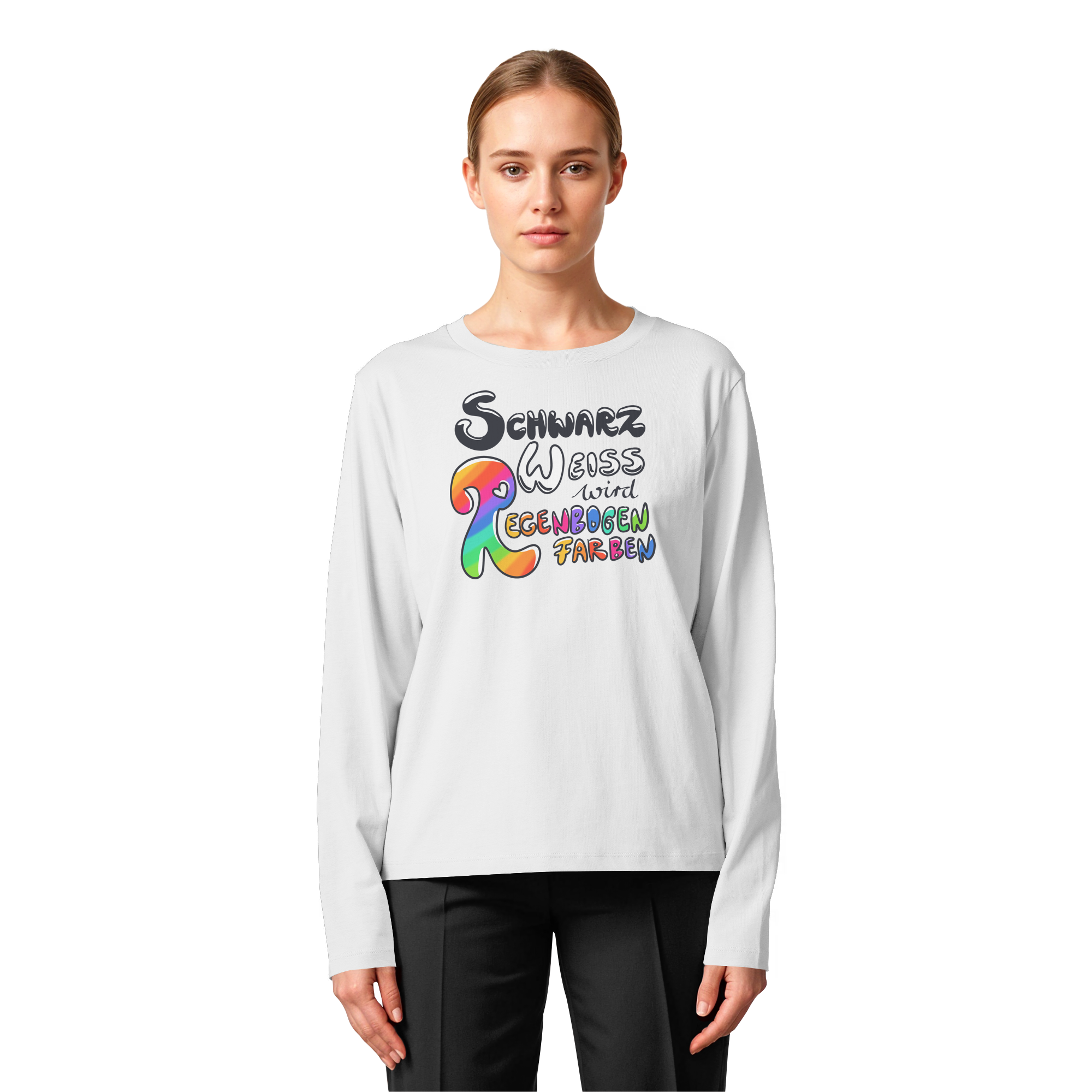 Schwarz Weiß wird Regenbogen Farben Frontprint (hell) - Womens Organic Longsleeve T-Shirt