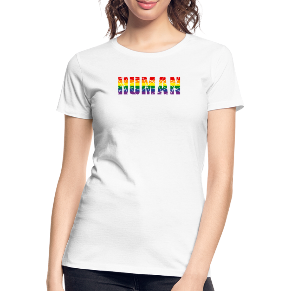HUMAN in Regenbogen-Farben "Frauen"-Schnitt T-Shirt - weiß