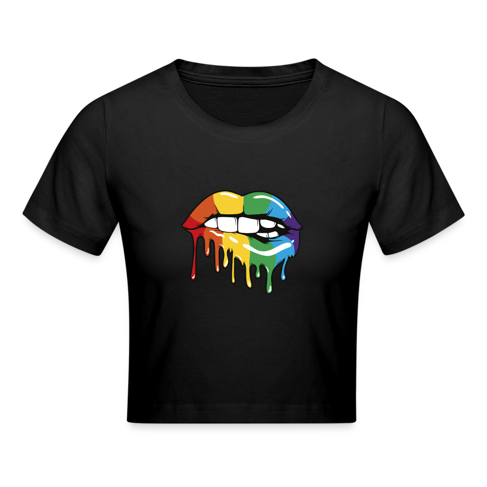 Regenbogen Lippen Cropped T-Shirt - Schwarz
